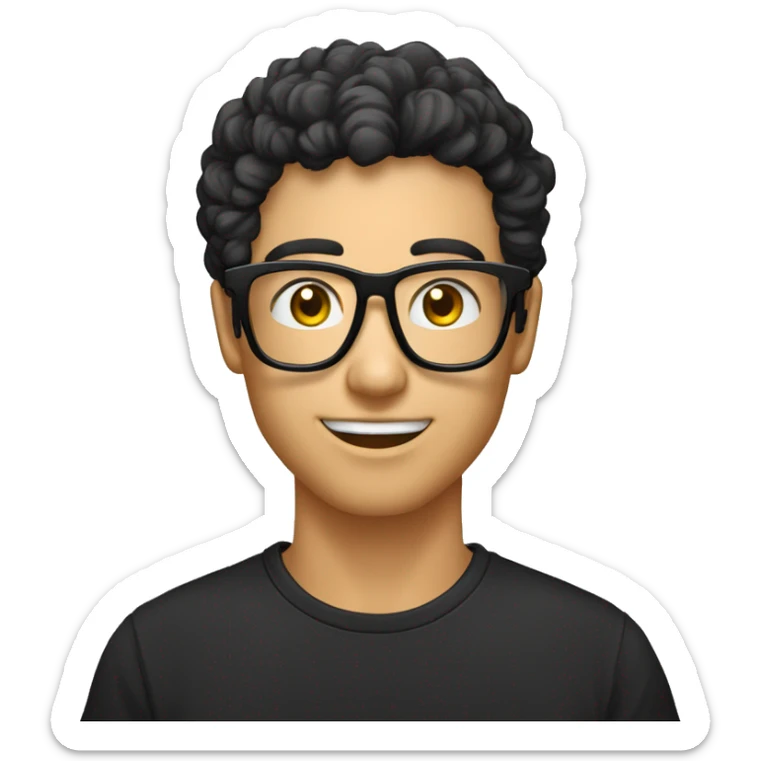 Garçon homme avec cheveux bouclés lunettes avec monture transparent avce t shirt noir sticker