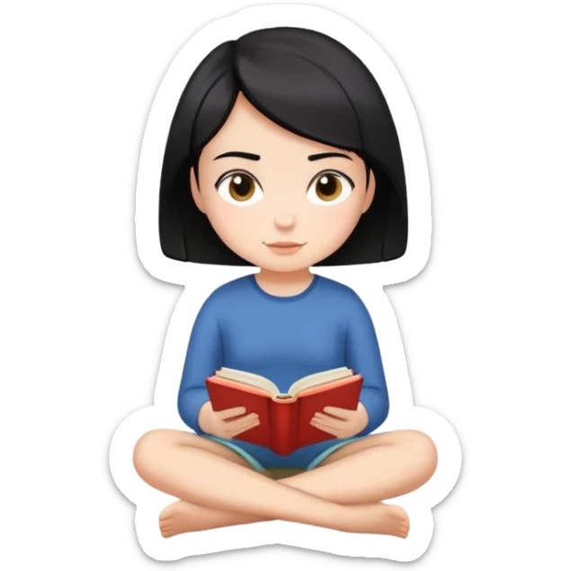 Girl with short hair sitting cross-legged reading an open book sticker