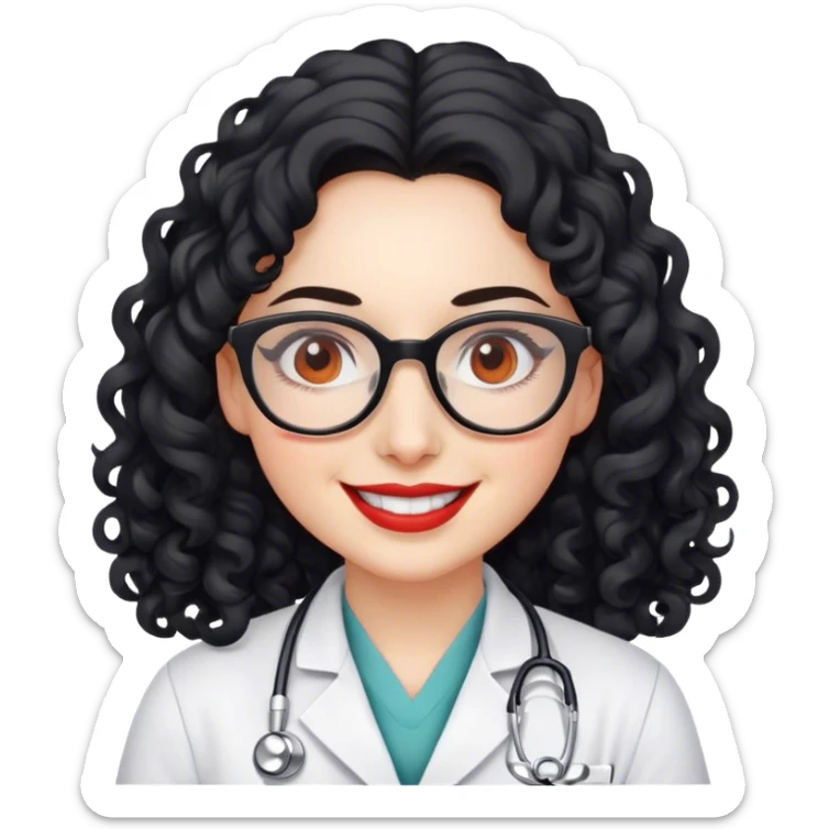 smiling doctor woman, brown eyes, white skin,  long black curly hair with glasses with red chicks sticker