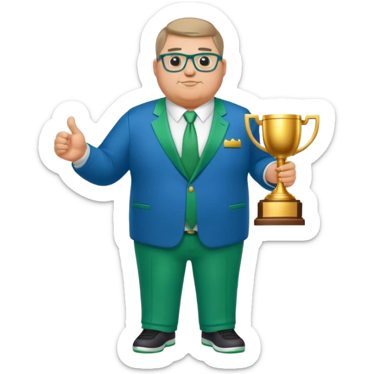 full body white obese male basketball coach with trophy. Wearing glasses and blue and green suit sticker
