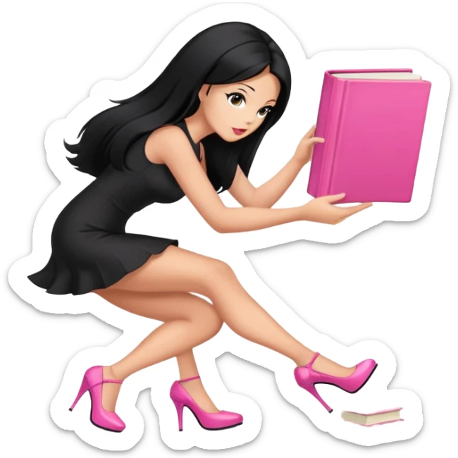 Bimbo in heels in black mini dress, long black hair tanned skin, pick up pink book from ground, sticker