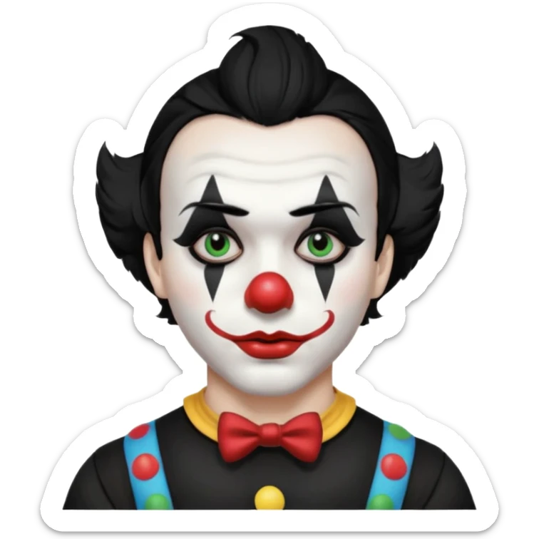 man with black hair only black and white clown makeup black eye makeup black lipstick black t-shirt sticker