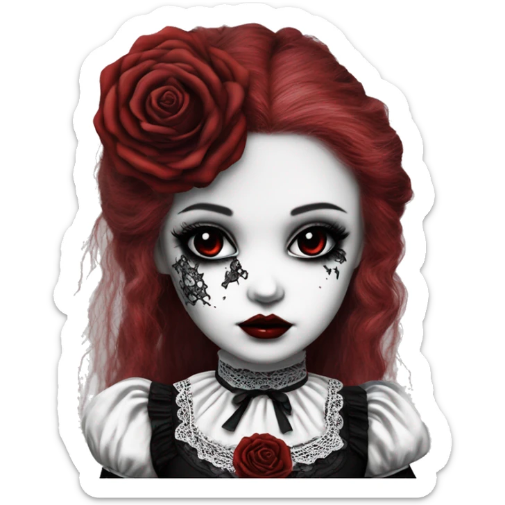 porcelain doll with a cracked face, goth makeup, long hair, lace and ruffles, lolita style, inked, black and white, red roses sticker