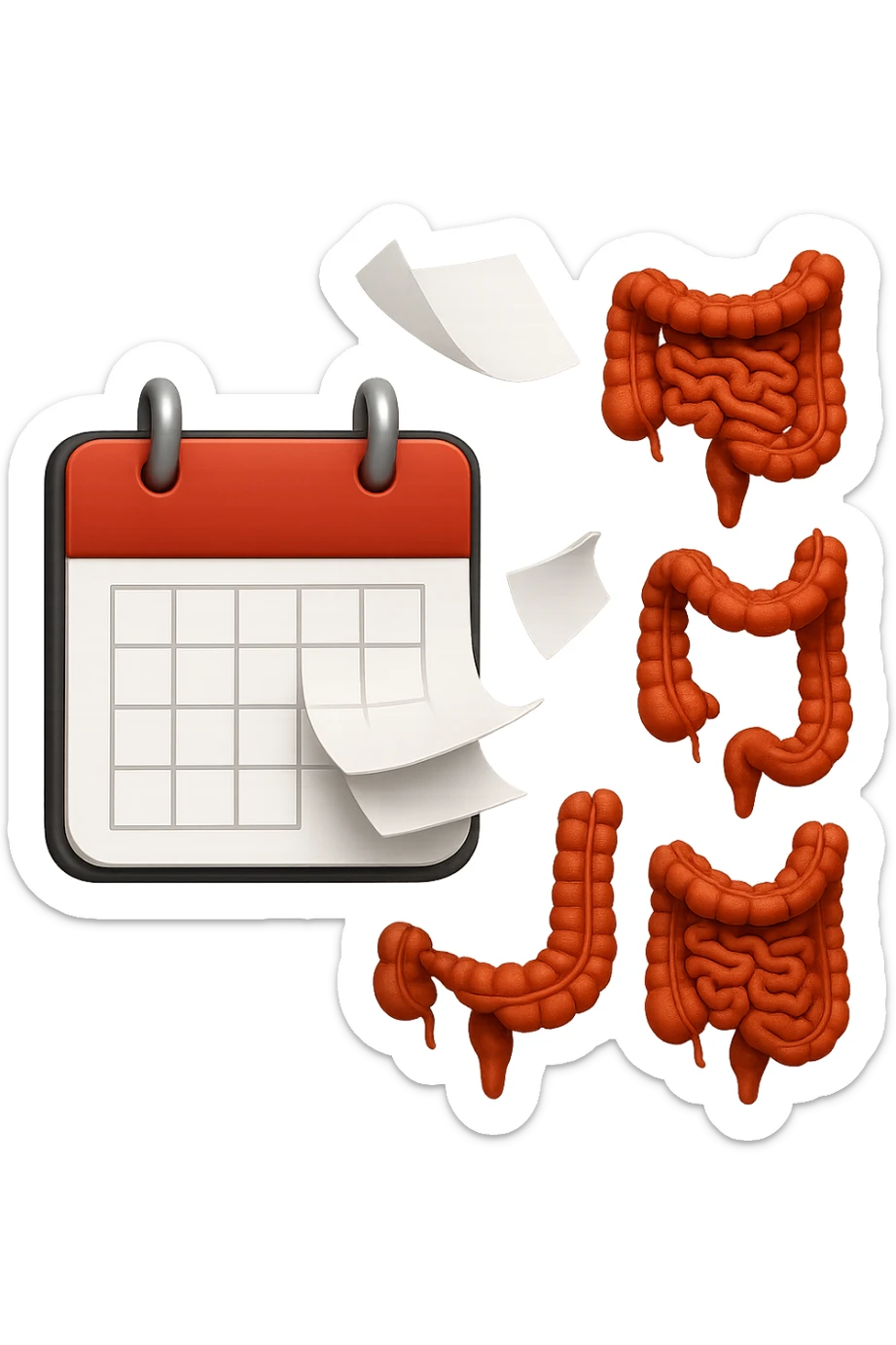 emoji stile iphone di un calendario con fogli che volano insieme a pezzi anatomici di colon umano, iperrealistico 4k, isolato su sfondo bianco sticker