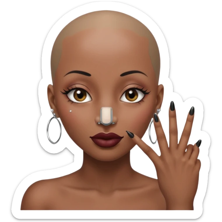 Grown black (proud) woman, bald with a perfect head, a prominent nose with a septum piercing, many piercings on her ears, a gap between her front teeth and very long nails (cynthia erivo) a proud lesbian, with long lashes and her finger tapping her head sticker