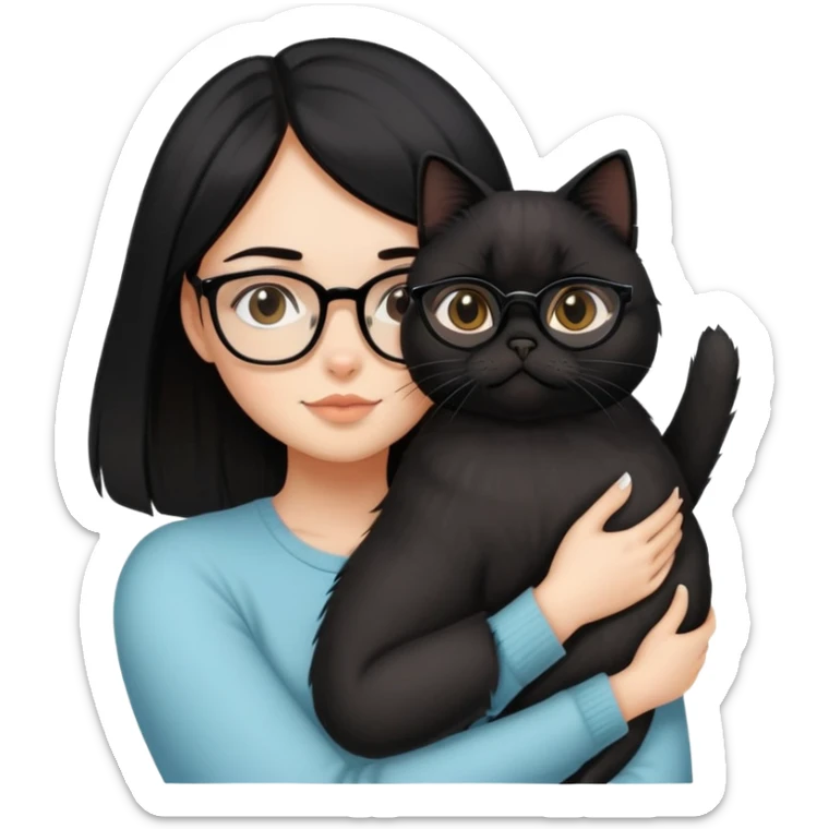 a beautiful medium size girl with black straight hair and a glasses hug a black persian cat sticker