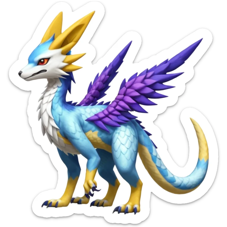 Colorful scaly flurry Latias-Sergal-Vernid-Lombax-Renamon-Zeraora-Bastet-Fakémon-hybrid-fusion-creature, full body sticker