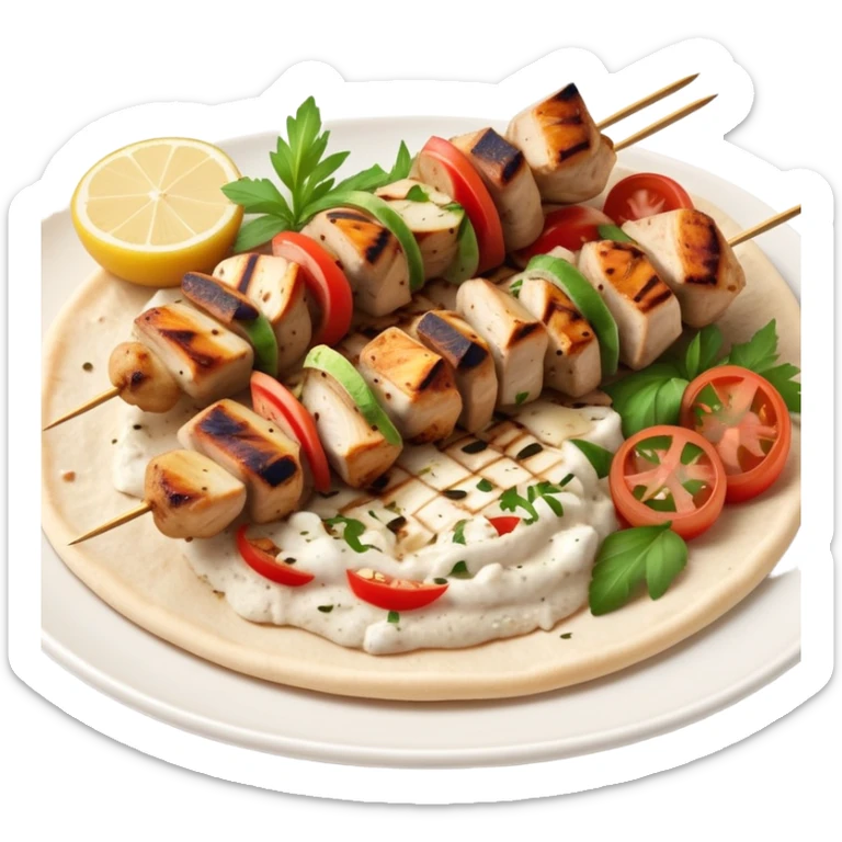 cinematic-realistic-souvlaki-dish-emoji,-showcasing-skewered,-2 grilled-chicken-with-mediterranean-spices-rendered-with-dynamic-textures-and-warm,-appetizing-lighting on pita bread on a plate sticker