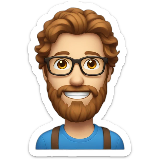 a Scandinavian man with blue eyes long and brown hair and a beard and red glasses and a big smile sticker