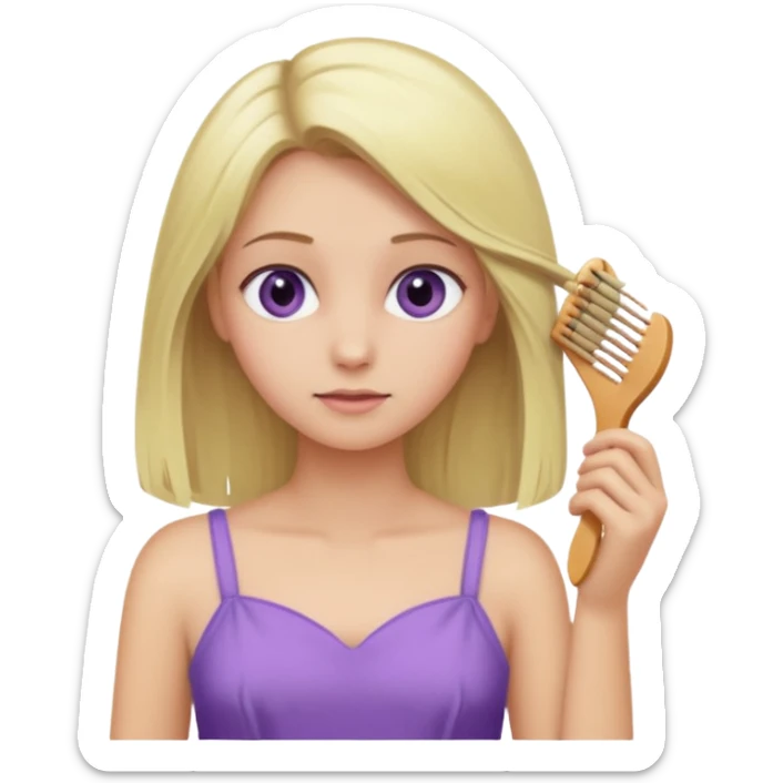 blonde girl with greenish eyes in a soft purple dress, combing her hair, iOS emoji style sticker