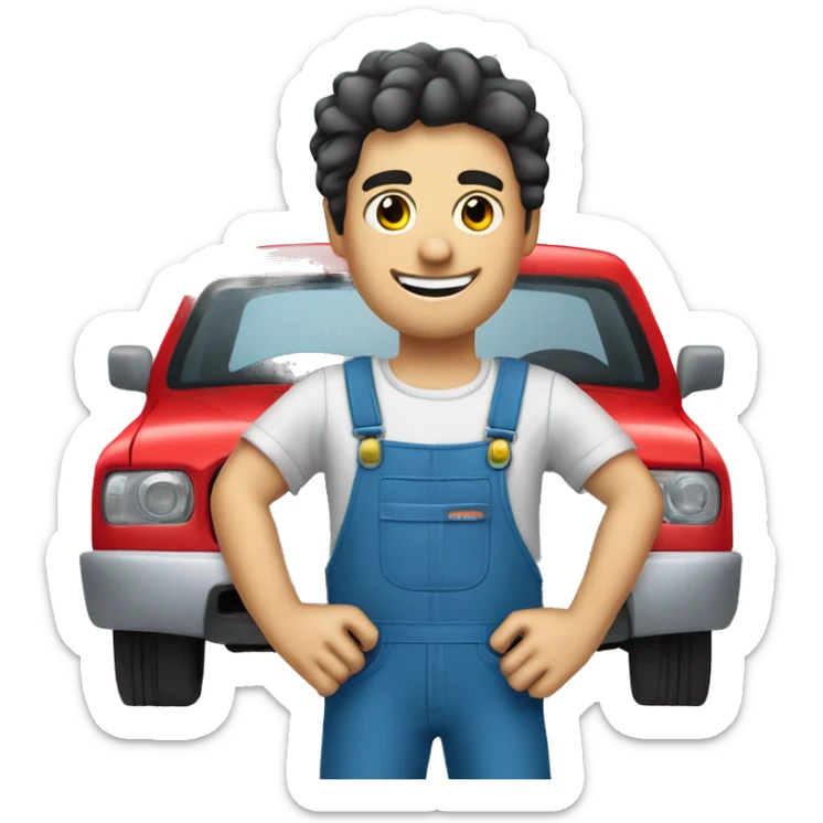 car mecanic, really happy, dark eyes, dark hair and pale skin, holding a screwdriver on hand. For clothes wearing blue overalls sticker