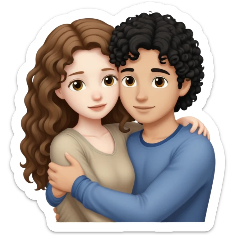 girl with long light brown hair and pale skin hugging a boy with black curly hair and tanned skin sticker