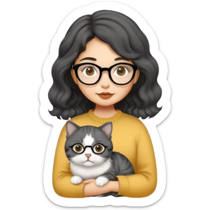 Young woman with oval face and warm yellow-toned skin, black wavy hair, thin-framed glasses, holding a grayish-white Munchkin cat with short legs and charcoal-gray marking under its mouth sticker
