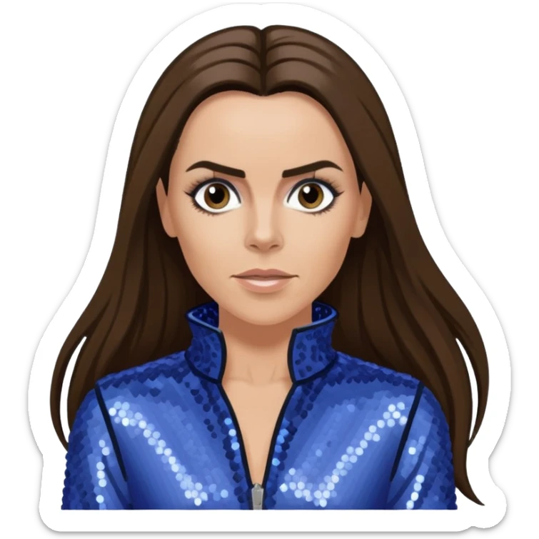 Mel C from Spice Girls with long dark brown ponytail hair, perwinkle sequin outfit, light skin sticker