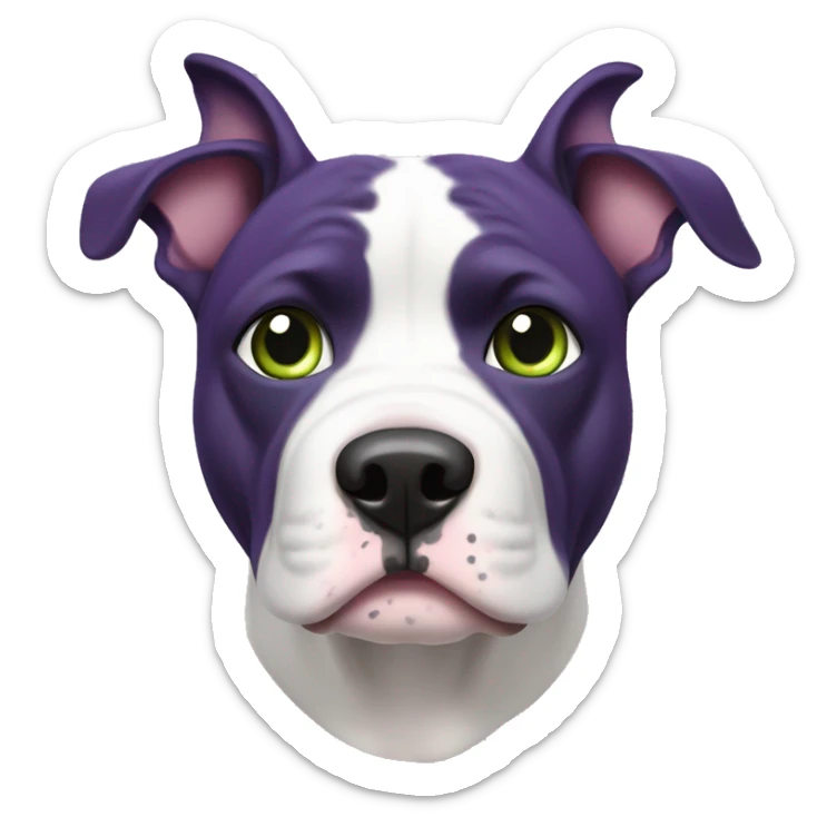 The American bullie is purple in hue with ears, a white spot on the muzzle and green eyes sticker