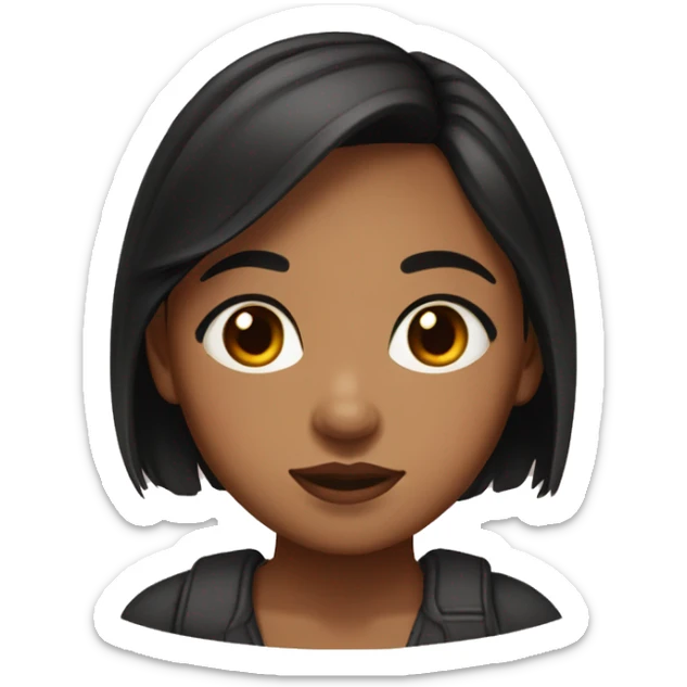 Brown skin girl teen, black hair colour, brown eyes, round face shape, sharp nose, lips are small, chubby character, cute face sticker