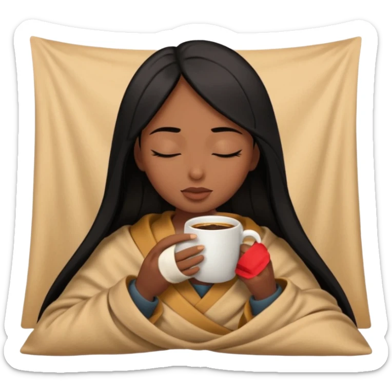 Chocolate brown girl with long straight jet black hair wrapped inside a tan blanket sipping coffee eyes closed sticker