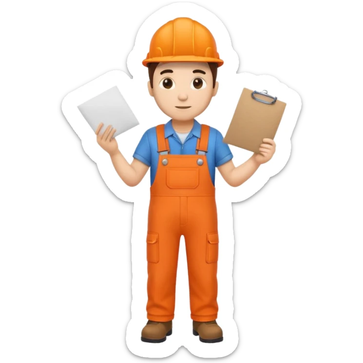 railway engineer full body in orange overalls, carrying a piece of paper with both hands in front of him sticker