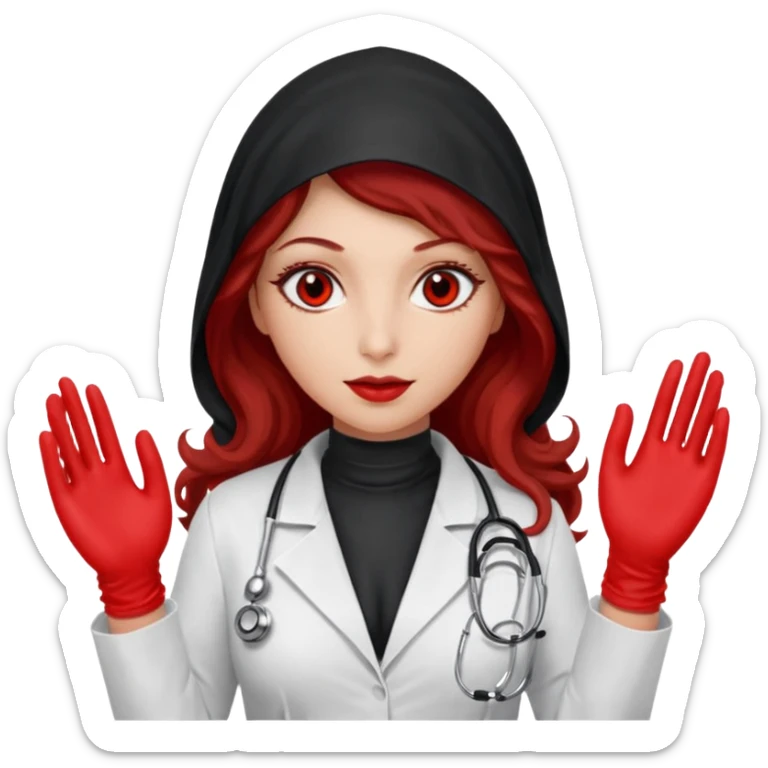 Lilith scalpel in hand, evil surgeon sexy surgeon clothes.  She has red eyes. She brown long curly hair. Wears sexy doctor outfit with red gloves. Wears red burka to hide her identity sticker