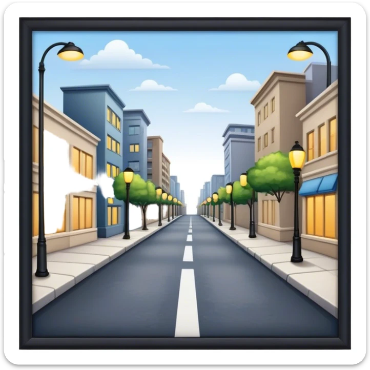 Empty streets with pavement, buildings on the sides, and streetlights, symbolizing urban life and pathways sticker