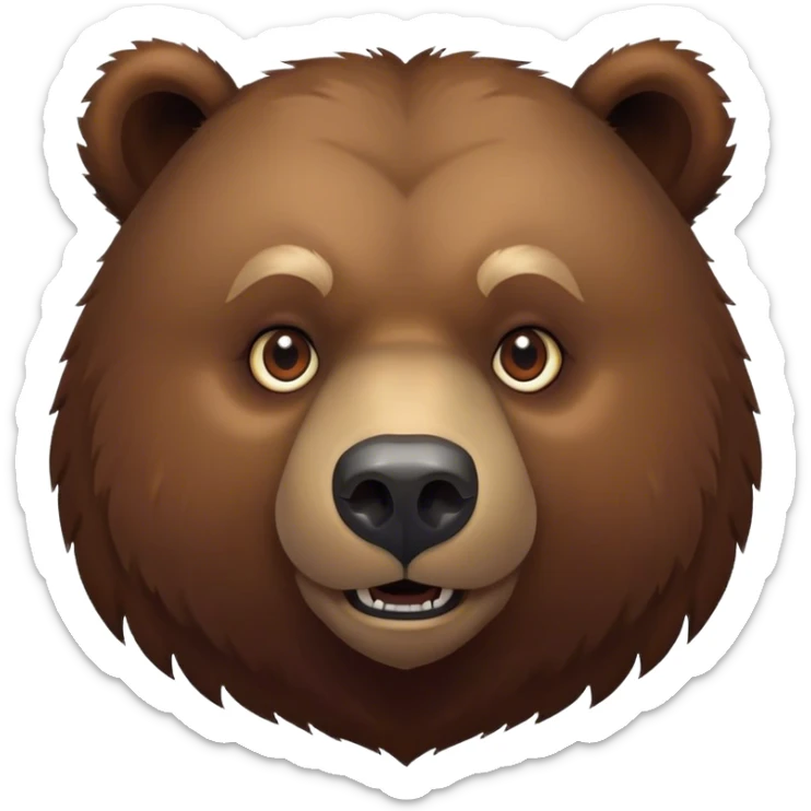 Cinematic Noble Grizzly Bear Portrait Emoji, Poised and regal, with a massive, powerful build and a thick, rugged deep brown fur, piercing deep-set soulful eyes, Simplified yet sharp and sophisticated features, highly detailed, glowing with a soft, dignified glow, high shine, intelligent and formidable, stylized with an air of untamed wilderness, focused and attentive, soft glowing outline, capturing the essence of a watchful and commanding guardian, so majestic it feels as though it could lumber out of the screen with effortless authority! sticker