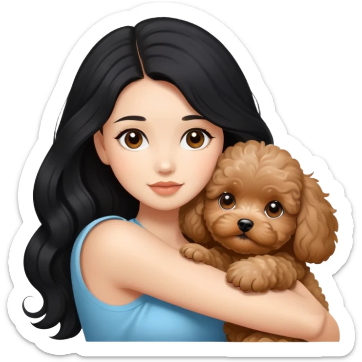 beautiful women with long black hair hugs cute brown maltipoo  sticker