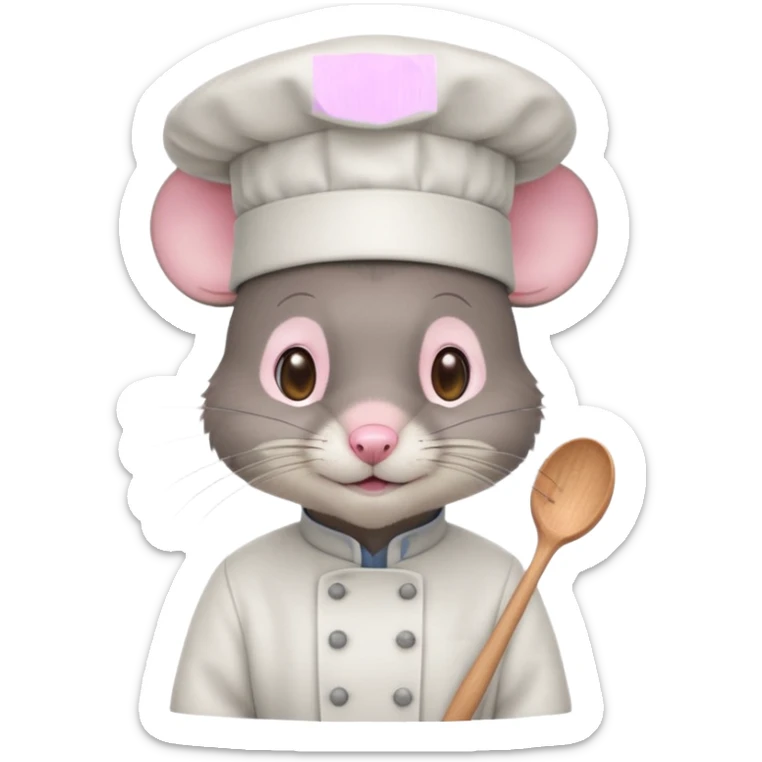 dark gray mouse with large round ears, brown eyes, and a small pink nose, wearing a white chef’s hat sticker