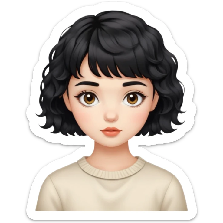 Gorgeous french woman short french haircut tousled wavy hair short baby bangs black hair Amelie Beautiful Blushing Petite Girl with beautiful hair aesthetic sticker