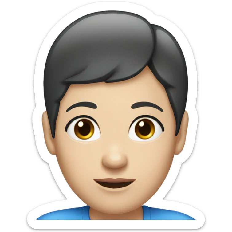 A head and shoulders shot of a 50 year old caucasian woman with short black hair, blue eyes wearing a tshirt. sticker