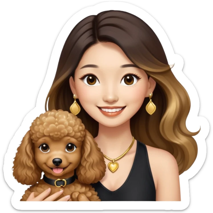 an asian lady with long balayage hair with gold highlights, long lashes, wearing black halterneck top, smiling happily, and holding a brown poodle sticker