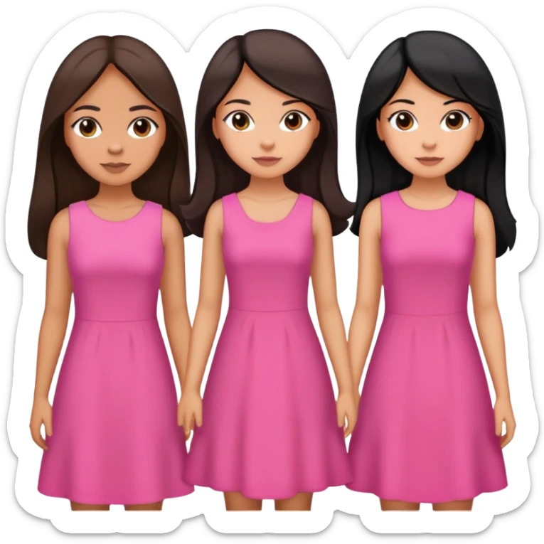 Three sisters, light skin with long dark brown hair, tan skin long black hair, tan skin dark brown short hair, pink dresses sticker