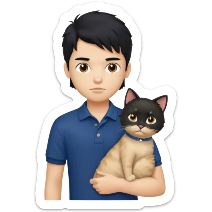 generate a pretty fair bratz boy with a messy mullet (black hair), wearing a dark blue polo.  holding a beige cat sticker