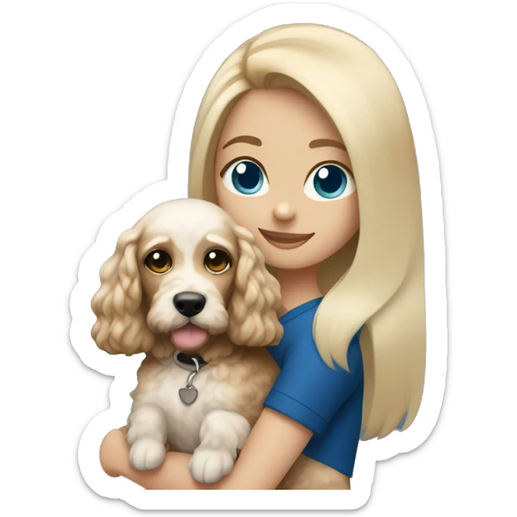 straight blonde hair and dark blue eyed girl holding a white and brown cockapoo dog sticker