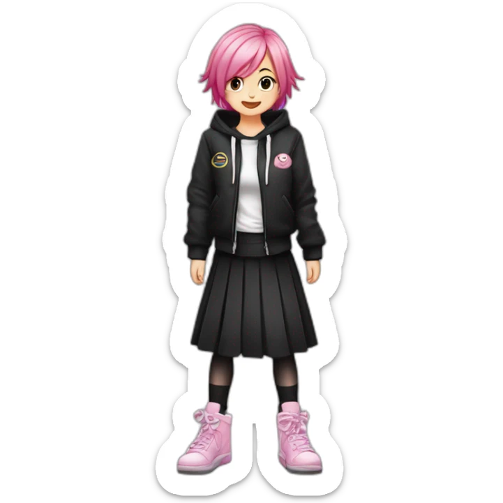 Full body Front view curvy emo girl pink hair sits on the floor straight view hands up black skirt белые трусики рваные полосатые чулки sticker