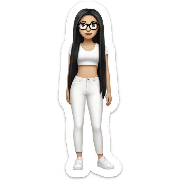 White girl with long straight black hair wearing a white crop top and glasses full body sticker