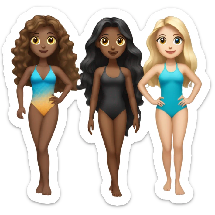 Three women in swimsuits One blonde long hair Blue eyed, One wavy brown long and brown eyes tannish skin, one straight black long hair brown eyes.  sticker