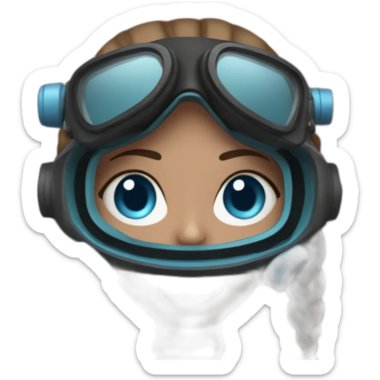 a woman with a scuba diver gear. pink mask, with blues eyes inside. brown largue and straight hair sticker