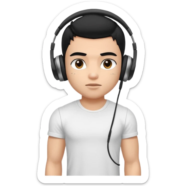 a pretty bratz fair indian boy with black hair. lean but muscled, wearing a white tshirt. headphones on sticker