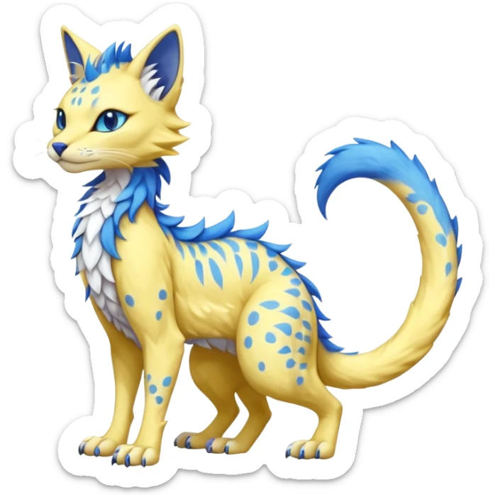 Kawaii yellow and blue beautiful pretty elegant divine edgy fantasy feline-vernid-sergal-fursona animal creature with a tufted tail full body with intricate markings  sticker