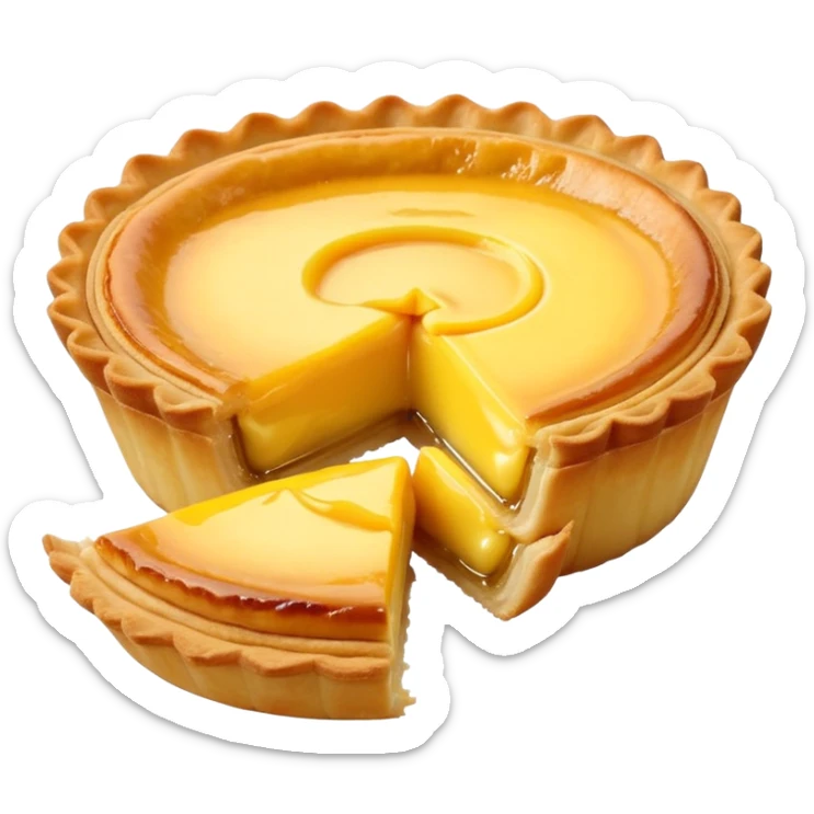 Hong Kong egg tart with flaky crust and yellow custard filling, bite taken out sticker