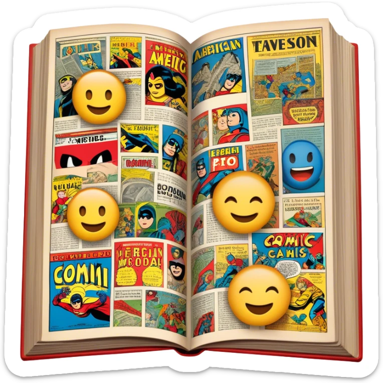 detailed and vintage-inspired emoji representing comic magazines and graphic novels as a storytelling art form. a large, open comic book with pages filled with classic American comic book panels. classic feel of old-school comic books a graphic novel. background transparent sticker