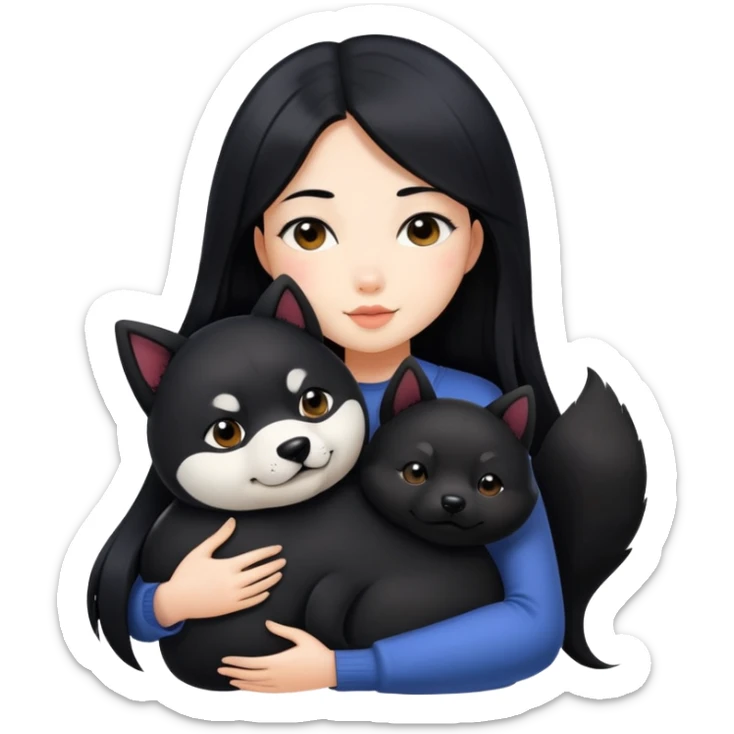 A beautiful girl with long black hair hugs a black Shiba Inu sticker