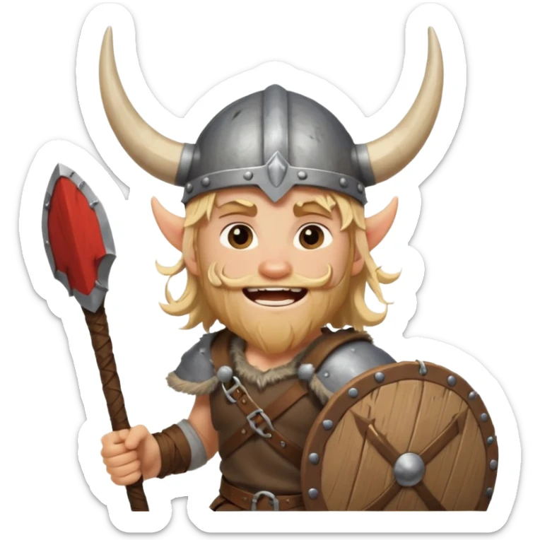 A young Viking warrior with messy blond hair, wooden shield, and fierce excited grin with horned helmet sticker