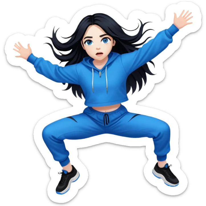 billie eilish with black long hair, blue eyes with dark eyeliner makeup, jumping sticker