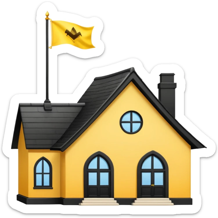 white background, magic school, black roof, with a big flag, big flag on a roof, big yellow flag, white school sticker