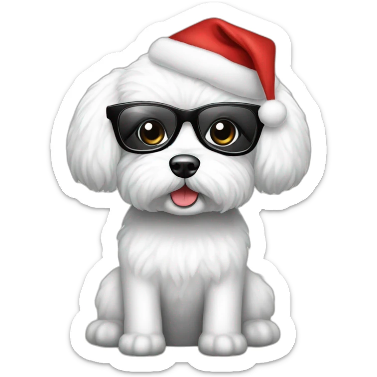 bichon dog-sitting-christmas hat-woman-black hair-glasses sticker