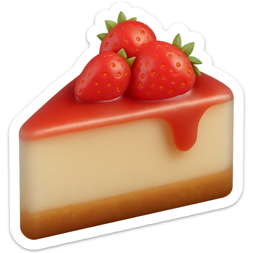 3D matte cheesecake slice, golden graham crust, creamy filling, topped with strawberry sauce and fresh strawberries, soft matte finish sticker