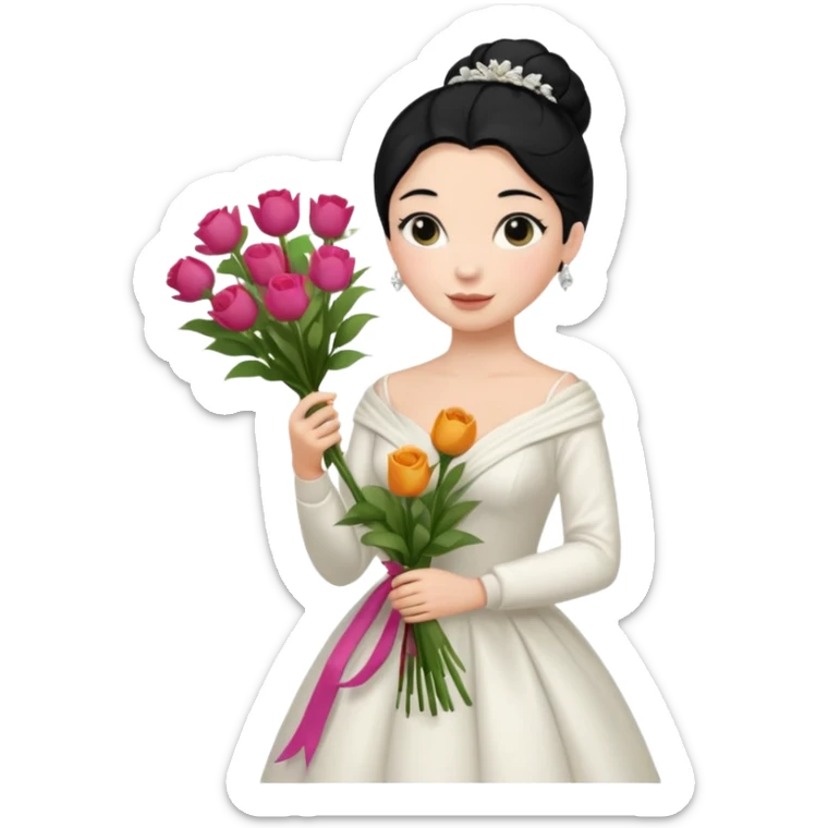 Chica blanca,cuerpo entero, vestido boda ,manga larga ,con estola, pelo negro,    ramo de flores una mano, pelo recogido en moño alto sticker