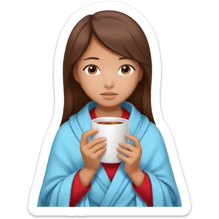 cute and sexy asian slightly tanned girl, brown hair, feeling sick, nose is red due to sickness, covered by blanket, holding tea mug in hands sticker
