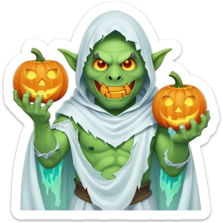 male orc ghost emoji, green skin, tusks, wearing torn white ghost sheet costume, holding glowing jack-o'-lantern, faint blue aura, friendly but spooky expression, Halloween fantasy theme, Apple emoji style, clean white background, square sticker